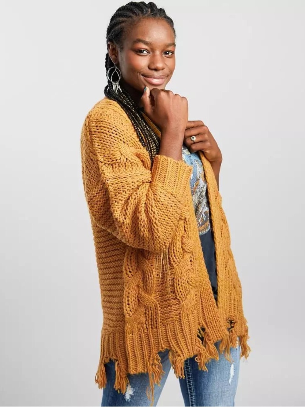 Gilded Intent Mustard Cable-Knit Fringe Open-Front Cardigan size small